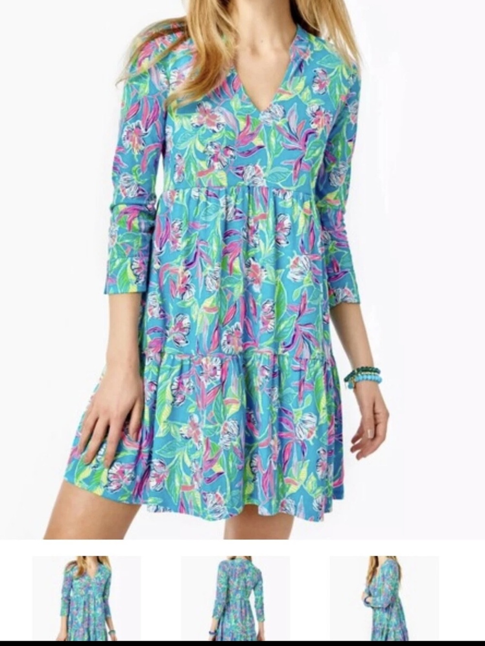 Lilly Pulitzer Alaina Dress M Keep On Beleafing Turquoise Floral Tiered